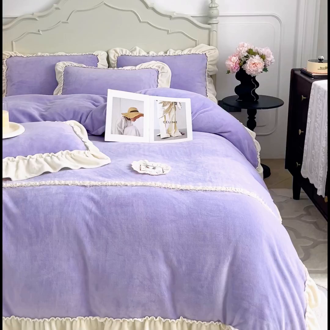 91家纺网 家纺一手货源 找家纺 庭笙 2025新款少女粉浪漫花边加厚牛奶绒床裙四件套-苏韵清风 苏韵清风-紫