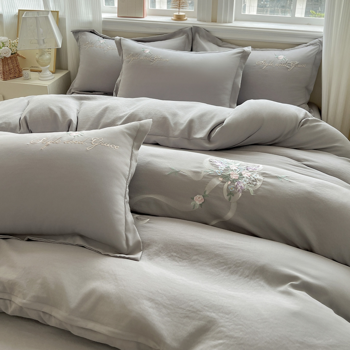 91家纺网 家纺一手货源 找家纺 （总）文黛家居 2025新款高克重水洗棉绣花四件套-铃兰