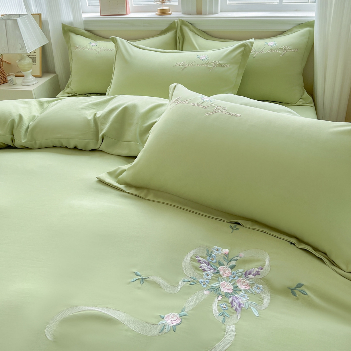 91家纺网 家纺一手货源 找家纺 文黛家居 2025新款高克重水洗棉绣花四件套-铃兰 铃兰-果绿