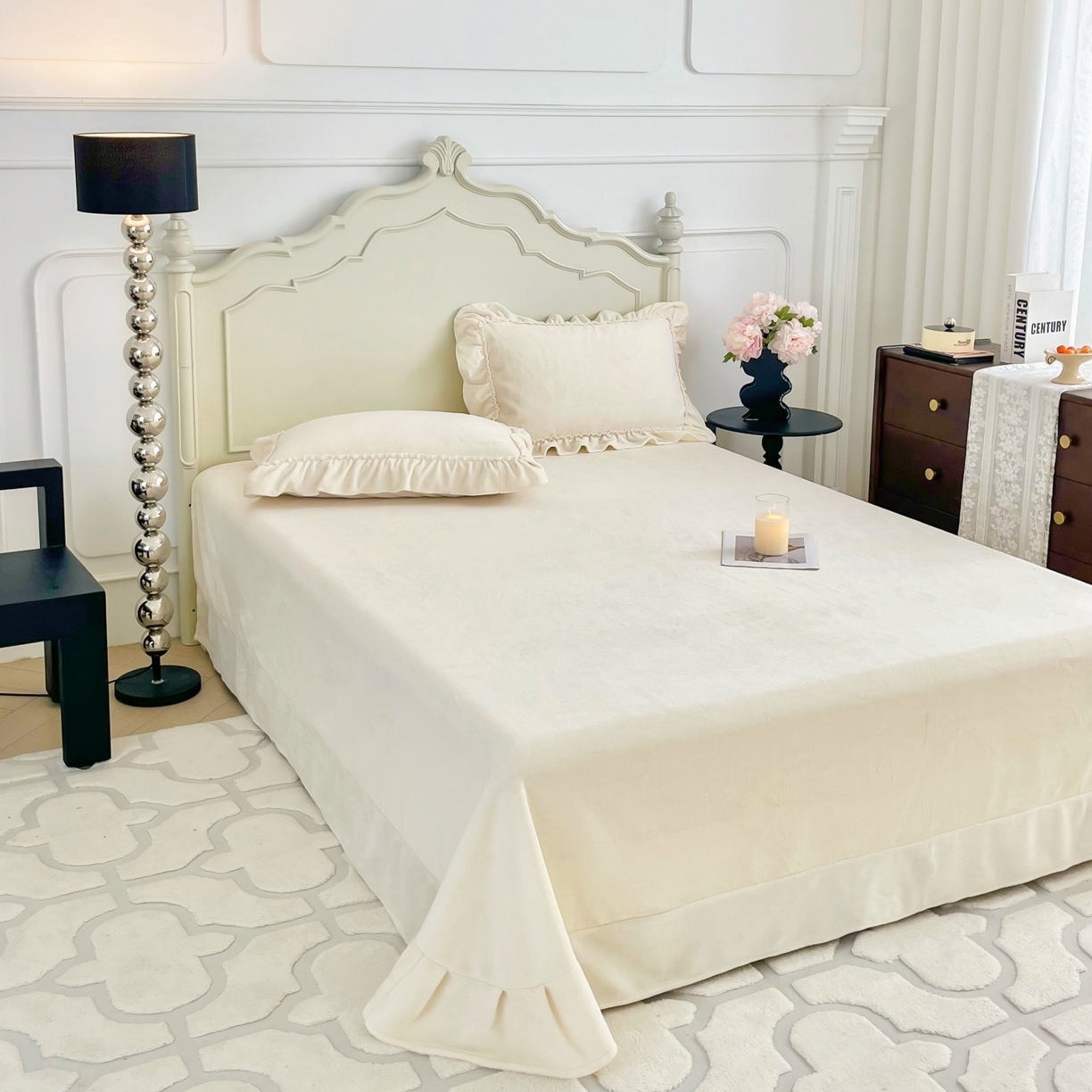 91家纺网 家纺一手货源 找家纺 庭笙 2025新款少女粉浪漫花边加厚牛奶绒床裙四件套-苏韵清风 苏韵清风-米