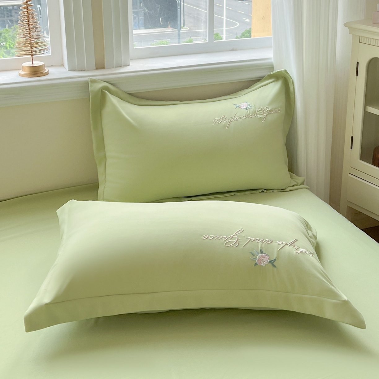 91家纺网 家纺一手货源 找家纺 文黛家居 2025新款高克重水洗棉绣花四件套-铃兰 铃兰-果绿