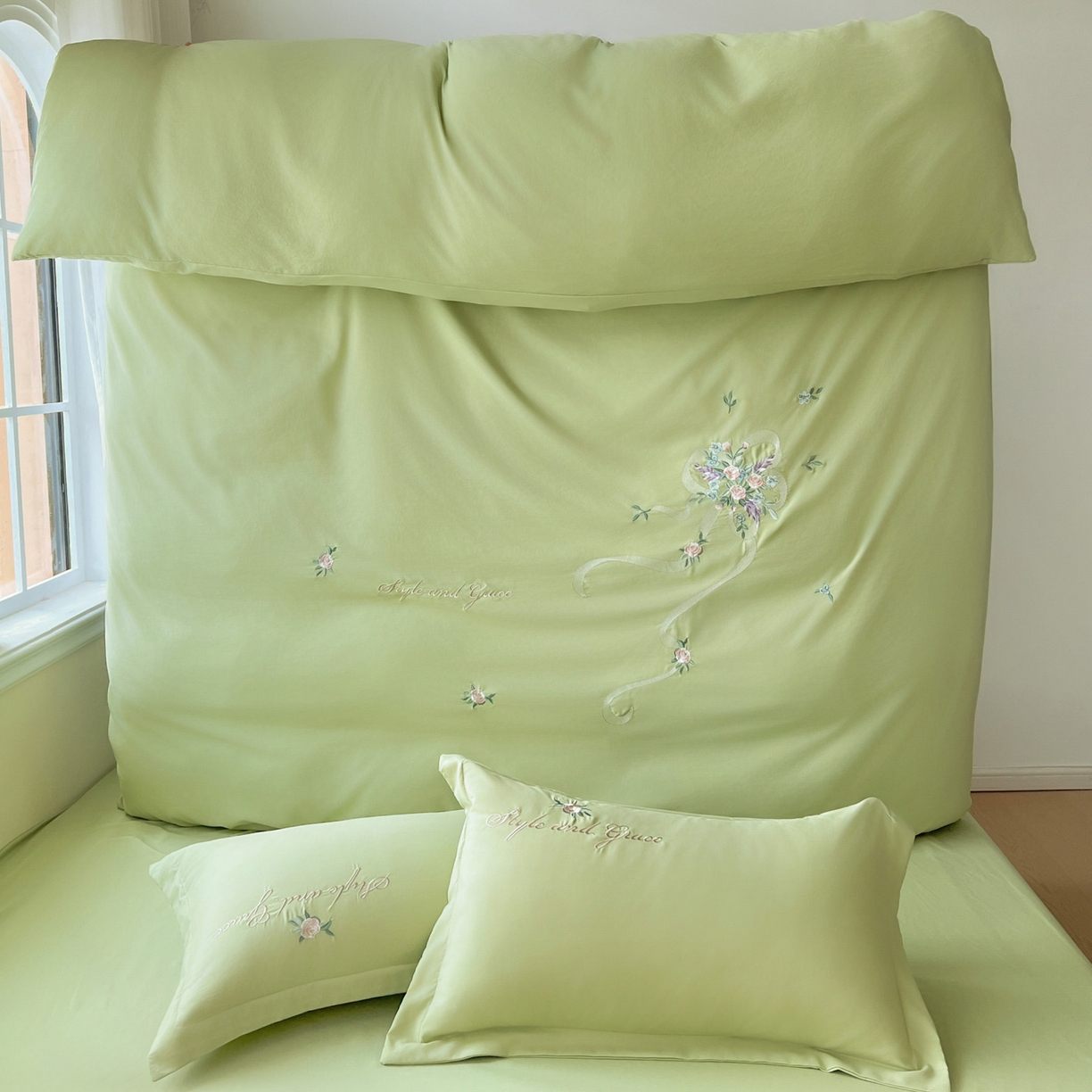 91家纺网 家纺一手货源 找家纺 文黛家居 2025新款高克重水洗棉绣花四件套-铃兰 铃兰-果绿
