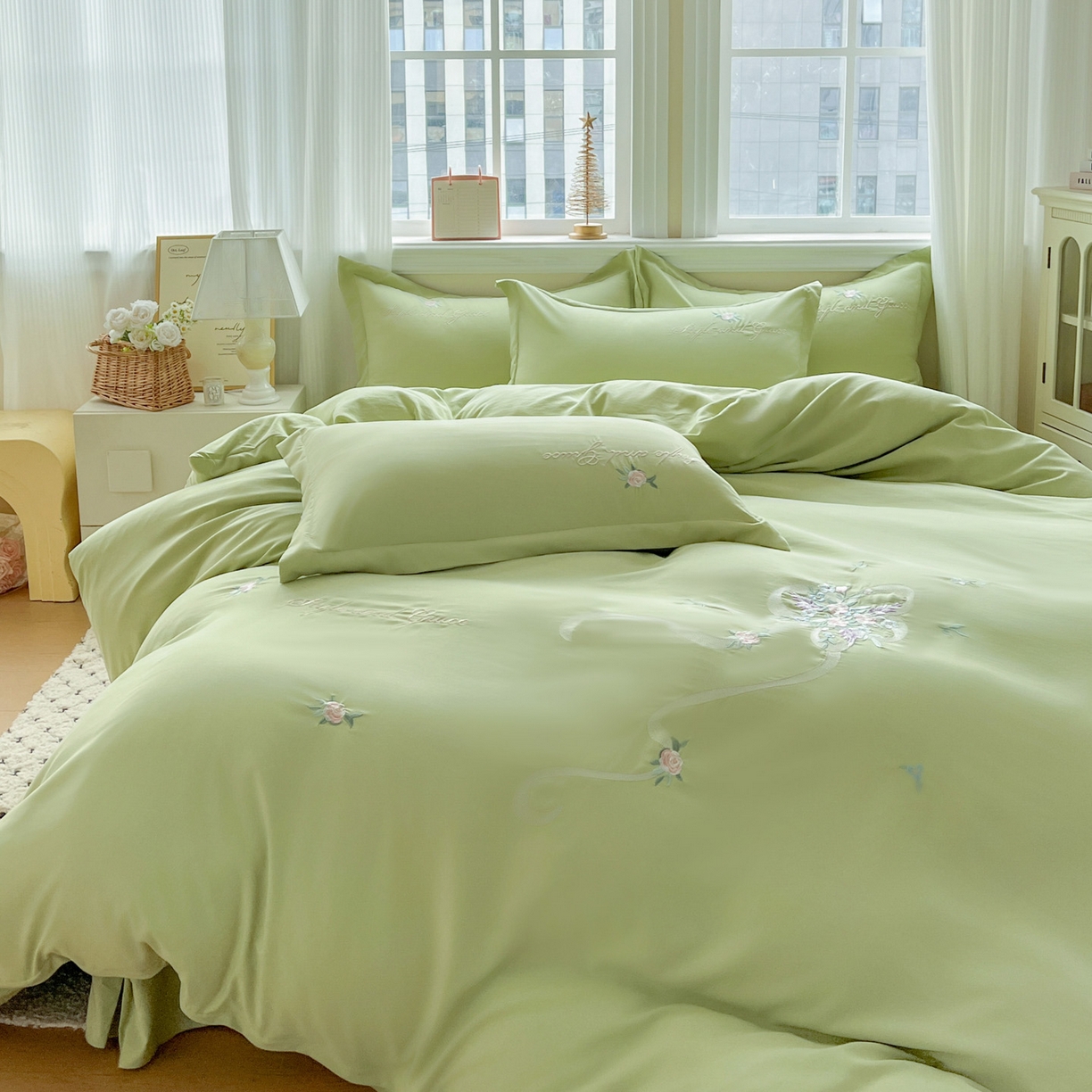 91家纺网 家纺一手货源 找家纺 文黛家居 2025新款高克重水洗棉绣花四件套-铃兰 铃兰-果绿