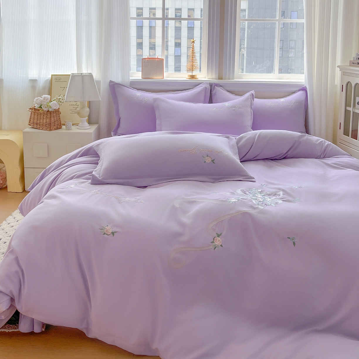 91家纺网 家纺一手货源 找家纺 文黛家居 2025新款高克重水洗棉绣花四件套-铃兰 铃兰-紫