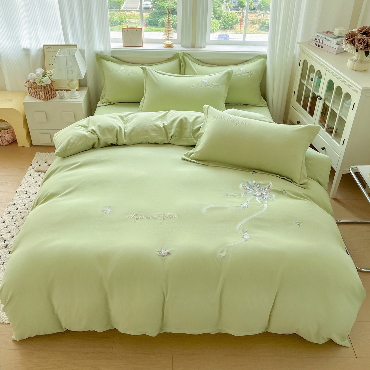 91家纺网 家纺一手货源 找家纺 文黛家居 2025新款高克重水洗棉绣花四件套-铃兰 铃兰-果绿