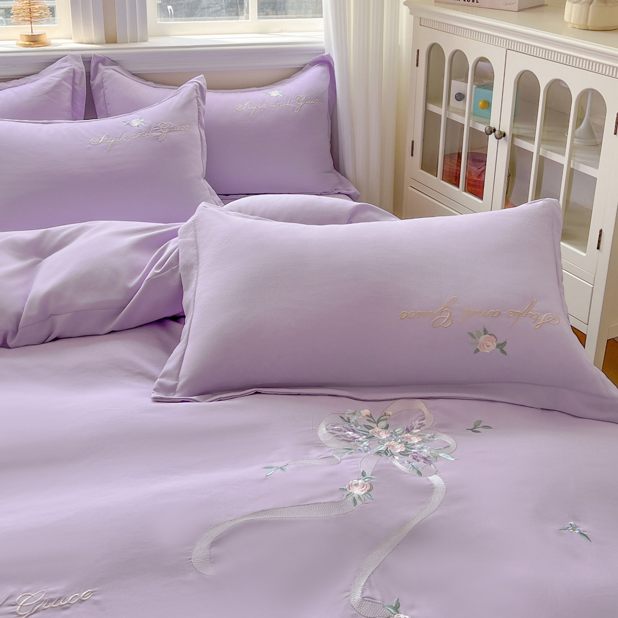 91家纺网 家纺一手货源 找家纺 文黛家居 2025新款高克重水洗棉绣花四件套-铃兰 铃兰-紫