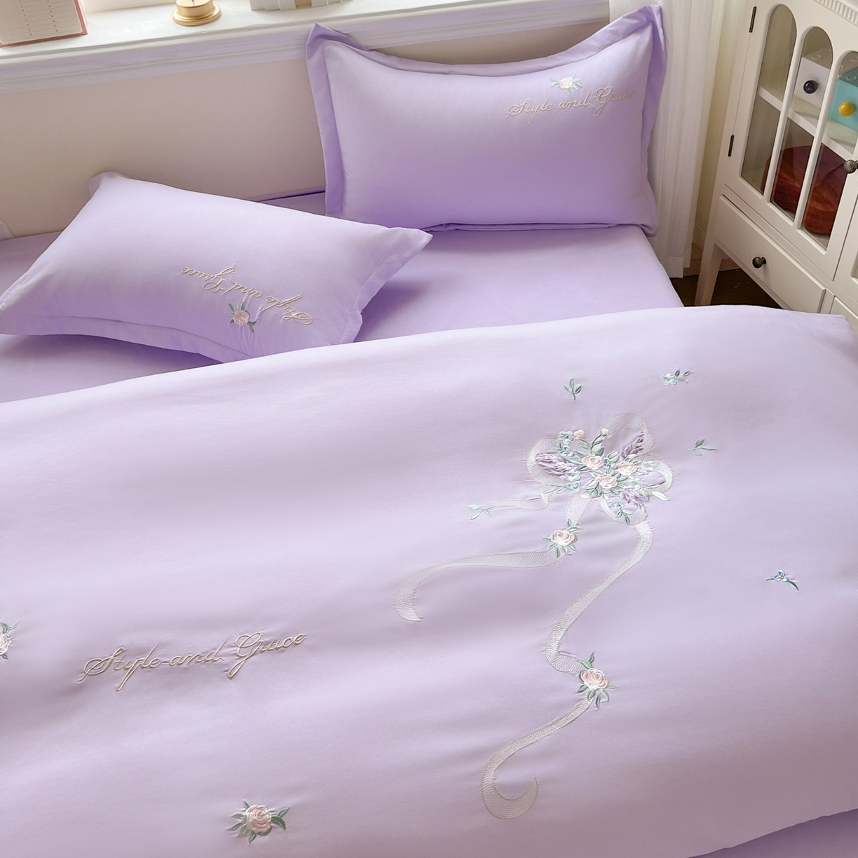 91家纺网 家纺一手货源 找家纺 文黛家居 2025新款高克重水洗棉绣花四件套-铃兰 铃兰-紫