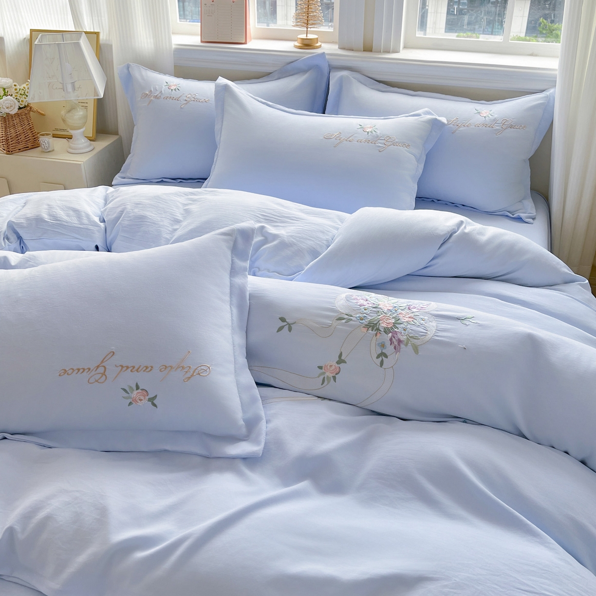 文黛家居 2025新款高克重水洗棉绣花四件套-铃兰 铃兰-浅蓝