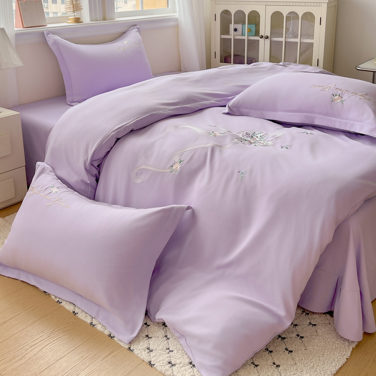 91家纺网 家纺一手货源 找家纺 文黛家居 2025新款高克重水洗棉绣花四件套-铃兰 铃兰-紫