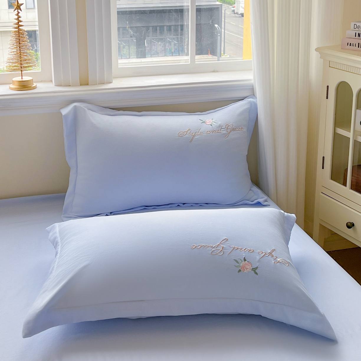 91家纺网 家纺一手货源 找家纺 文黛家居 2025新款高克重水洗棉绣花四件套-铃兰 铃兰-浅蓝