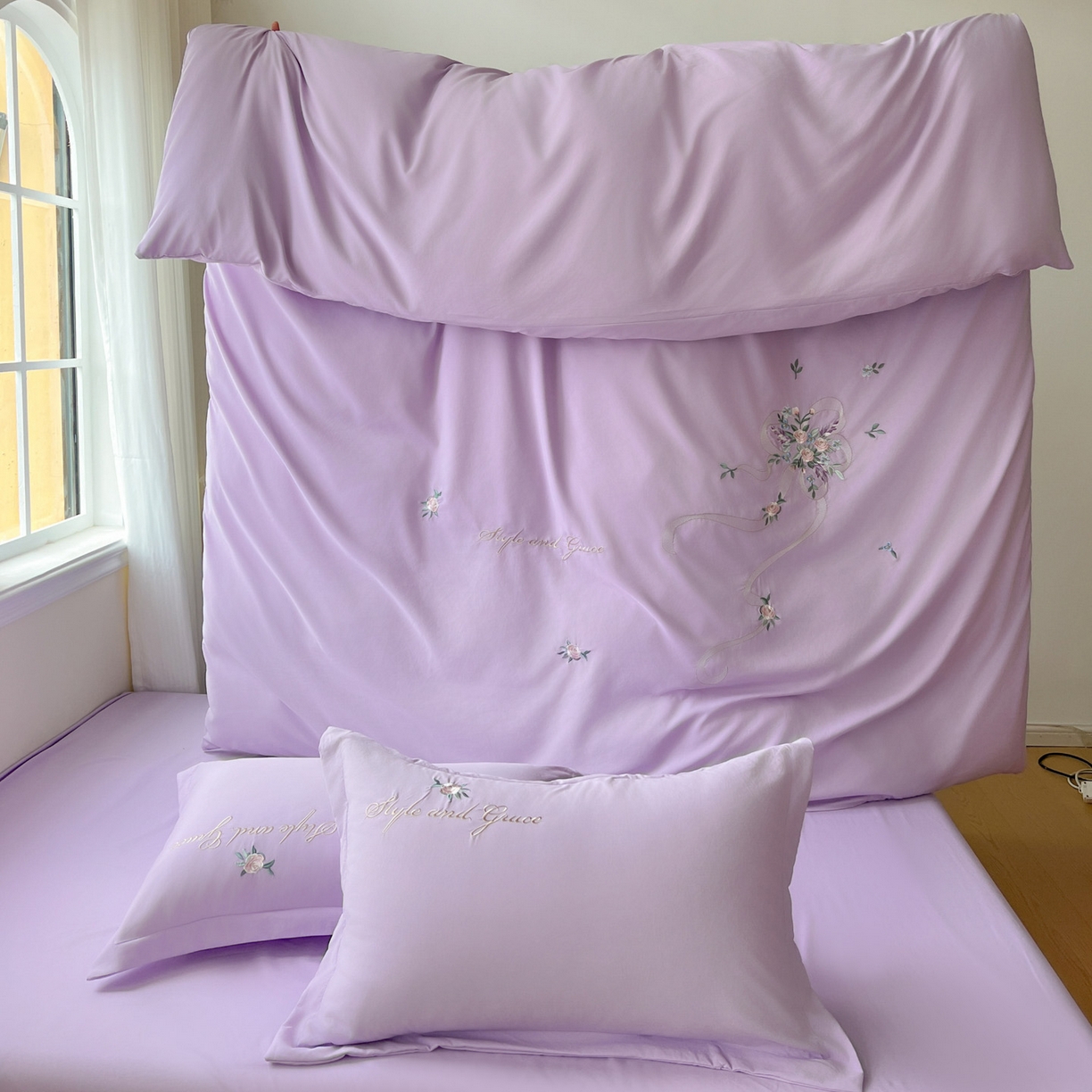 91家纺网 家纺一手货源 找家纺 文黛家居 2025新款高克重水洗棉绣花四件套-铃兰 铃兰-紫