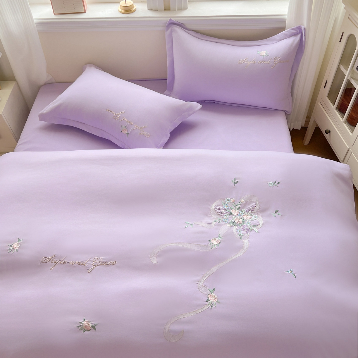 91家纺网 家纺一手货源 找家纺 文黛家居 2025新款高克重水洗棉绣花四件套-铃兰 铃兰-紫