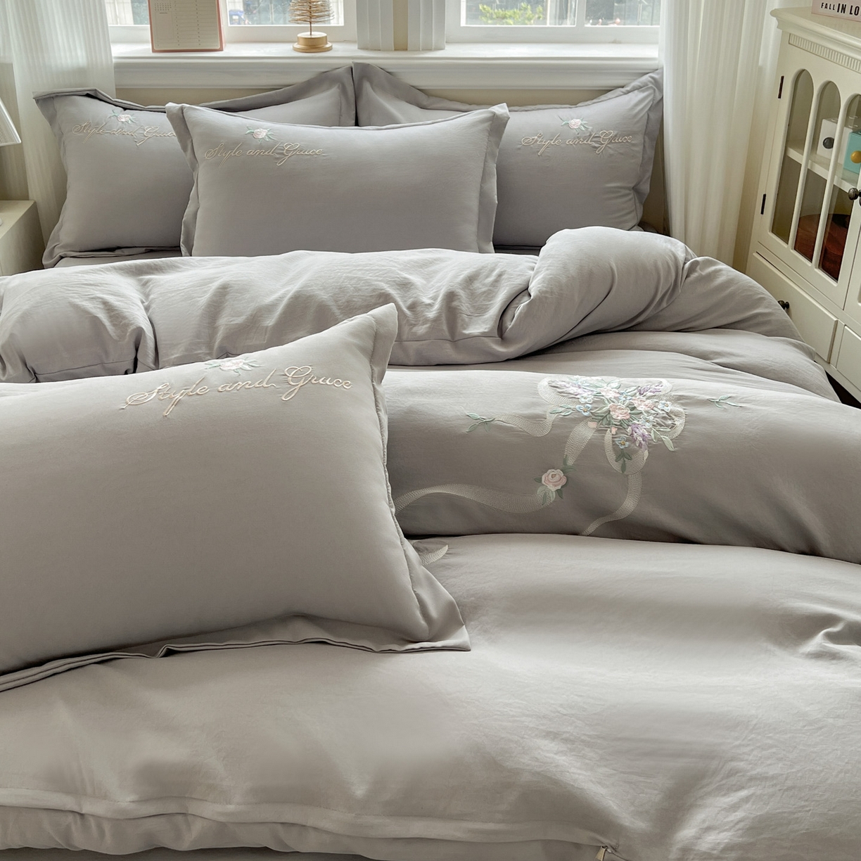 91家纺网 家纺一手货源 找家纺 文黛家居 2025新款高克重水洗棉绣花四件套-铃兰 铃兰-灰