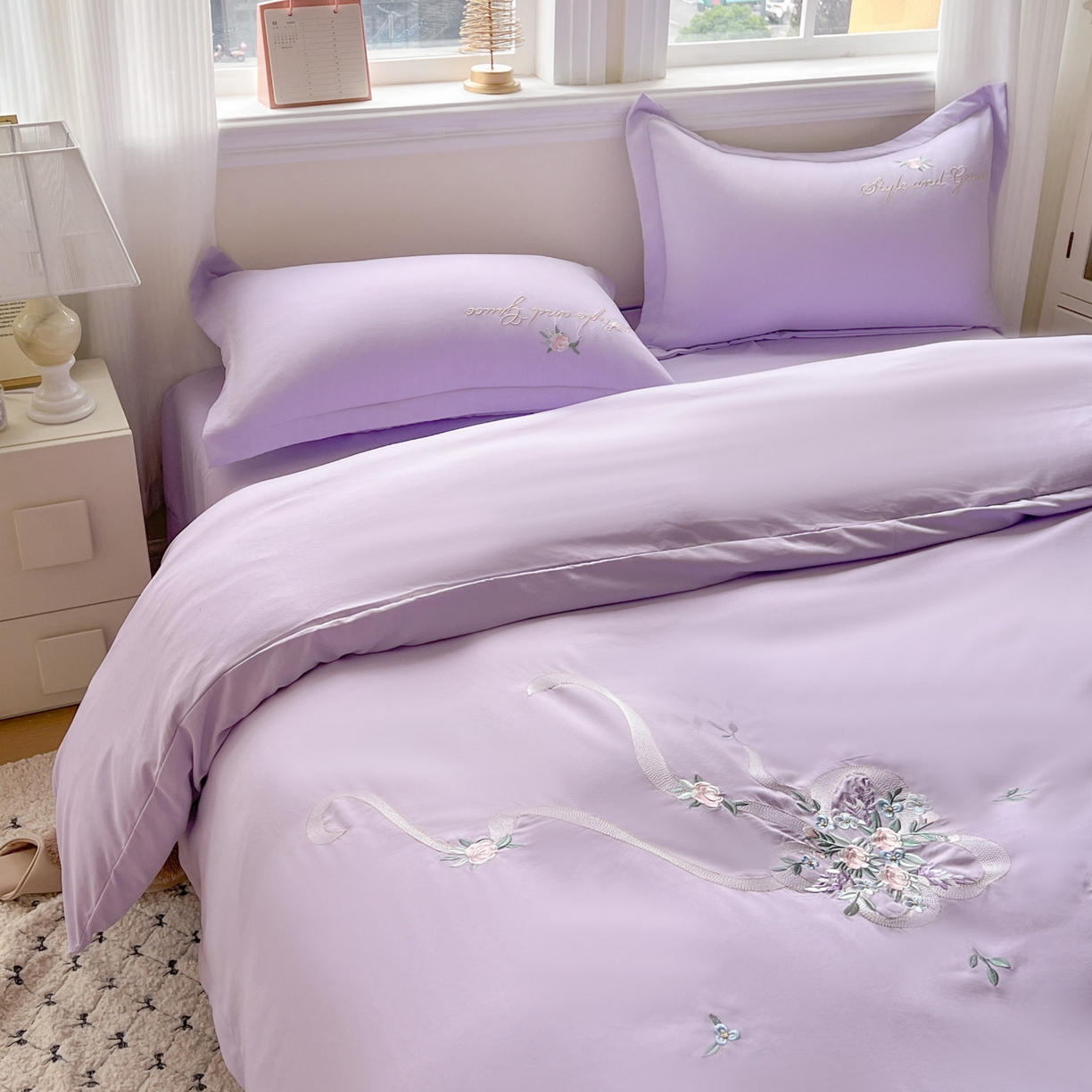 91家纺网 家纺一手货源 找家纺 文黛家居 2025新款高克重水洗棉绣花四件套-铃兰 铃兰-紫