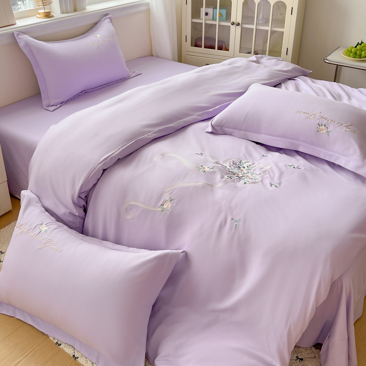 91家纺网 家纺一手货源 找家纺 文黛家居 2025新款高克重水洗棉绣花四件套-铃兰 铃兰-紫
