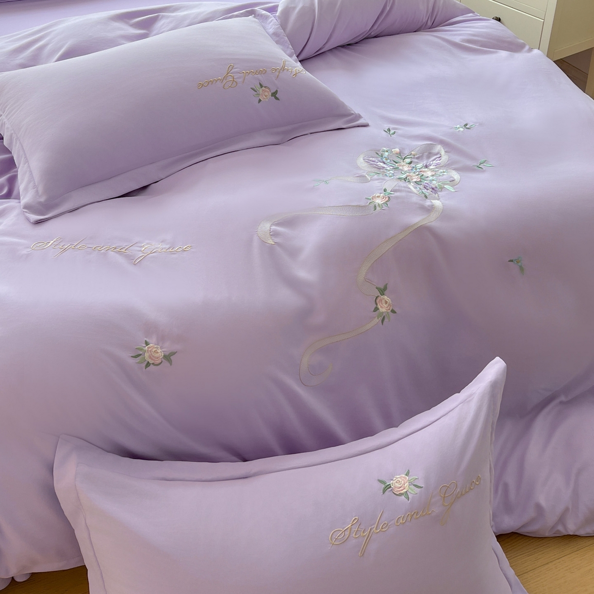 91家纺网 家纺一手货源 找家纺 文黛家居 2025新款高克重水洗棉绣花四件套-铃兰 铃兰-紫