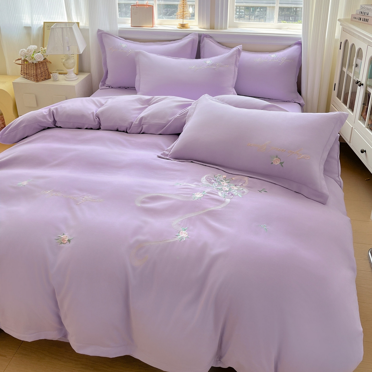 91家纺网 家纺一手货源 找家纺 文黛家居 2025新款高克重水洗棉绣花四件套-铃兰 铃兰-紫