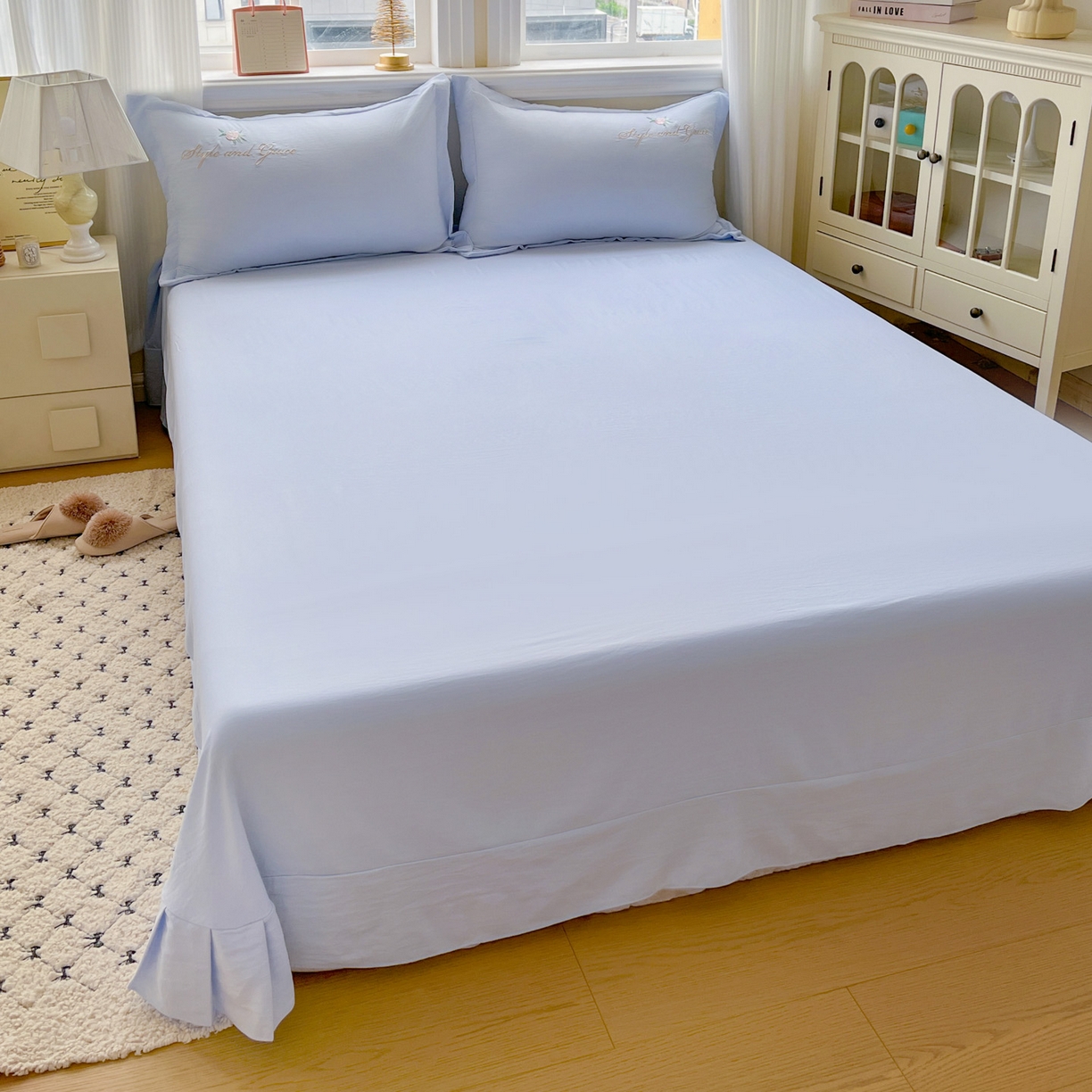 91家纺网 家纺一手货源 找家纺 文黛家居 2025新款高克重水洗棉绣花四件套-铃兰 铃兰-浅蓝