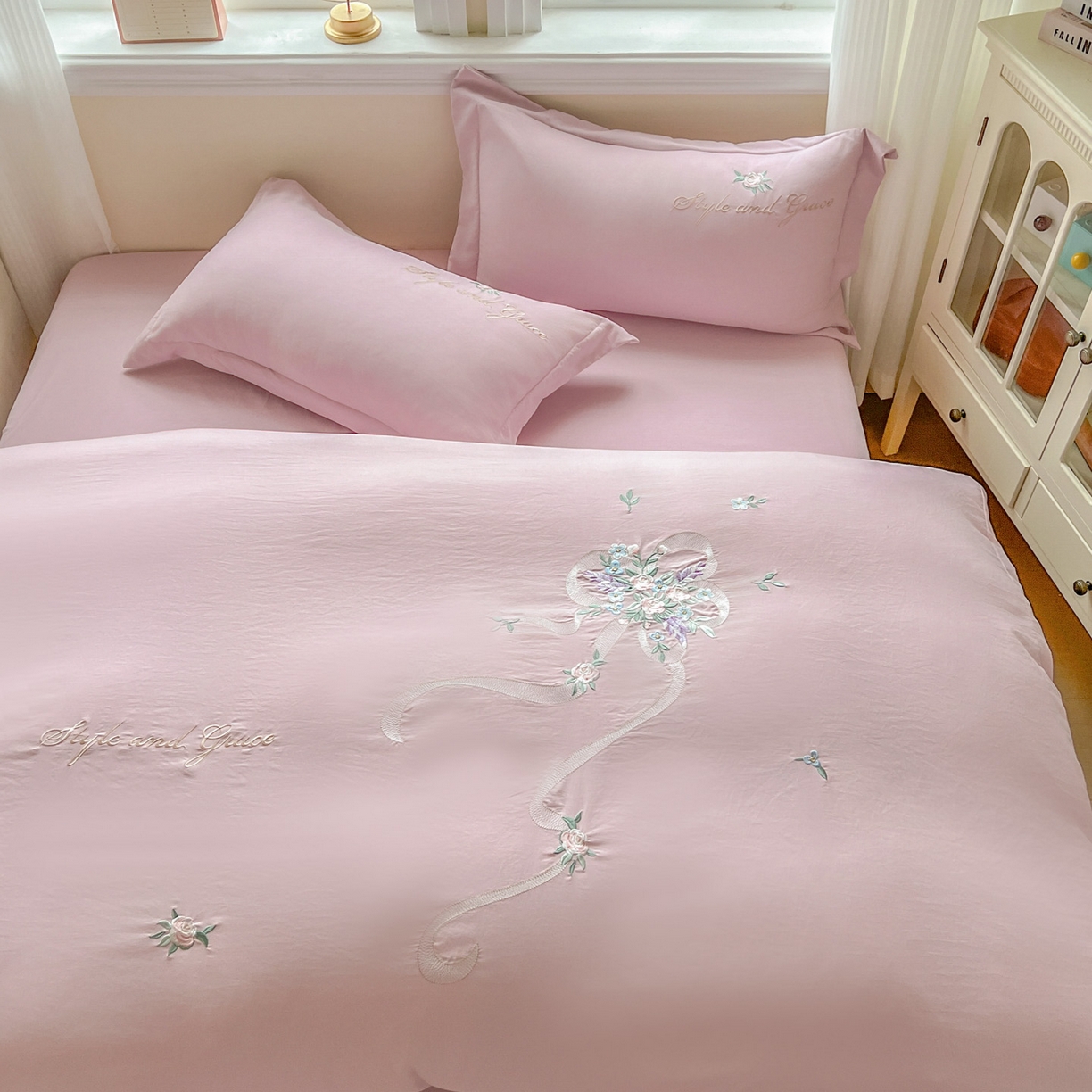 91家纺网 家纺一手货源 找家纺 文黛家居 2025新款高克重水洗棉绣花四件套-铃兰 铃兰-粉