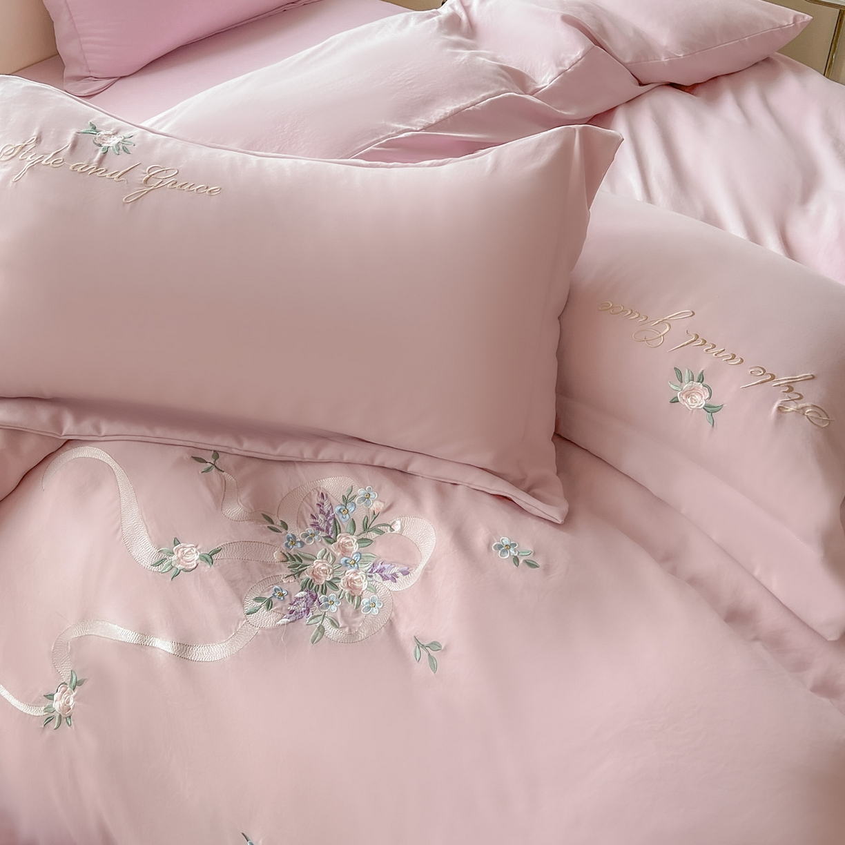 91家纺网 家纺一手货源 找家纺 文黛家居 2025新款高克重水洗棉绣花四件套-铃兰 铃兰-粉