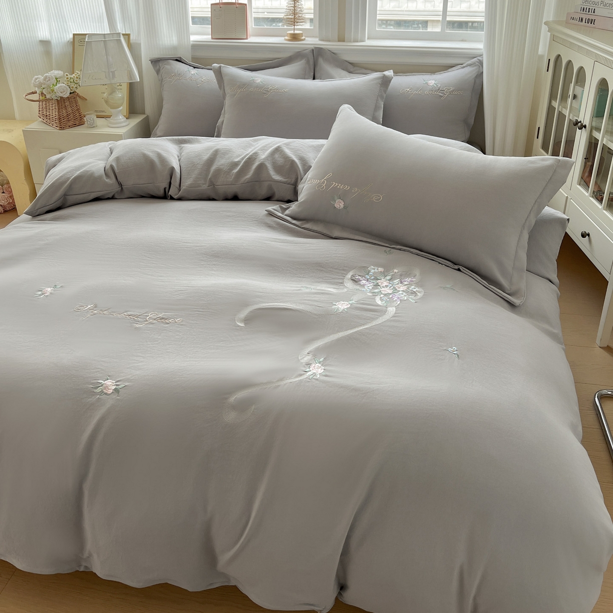 91家纺网 家纺一手货源 找家纺 文黛家居 2025新款高克重水洗棉绣花四件套-铃兰 铃兰-灰