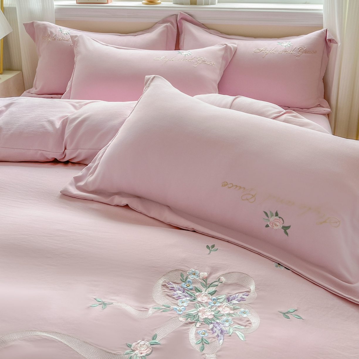 91家纺网 家纺一手货源 找家纺 文黛家居 2025新款高克重水洗棉绣花四件套-铃兰 铃兰-粉