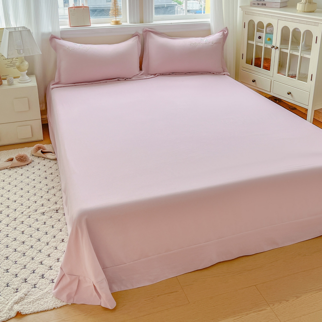 91家纺网 家纺一手货源 找家纺 文黛家居 2025新款高克重水洗棉绣花四件套-铃兰 铃兰-粉