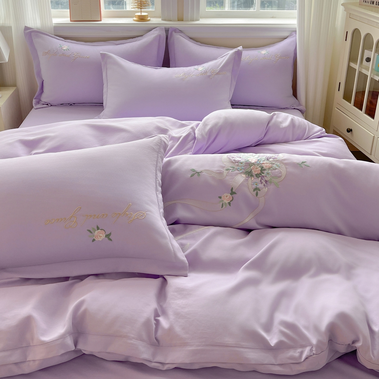 91家纺网 家纺一手货源 找家纺 文黛家居 2025新款高克重水洗棉绣花四件套-铃兰 铃兰-紫