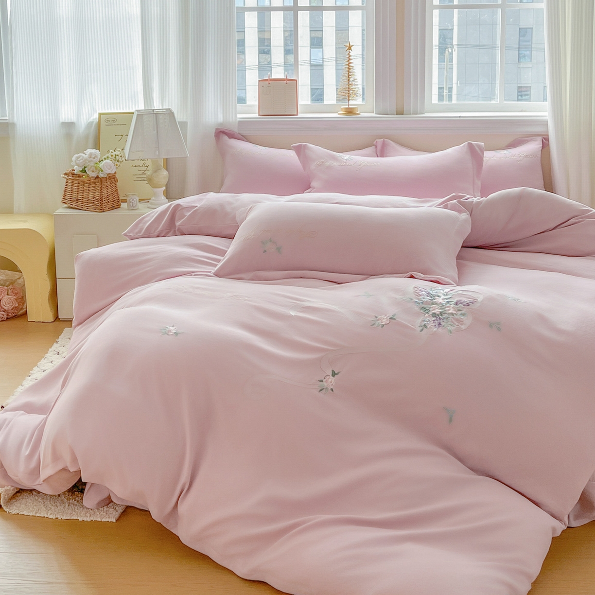 91家纺网 家纺一手货源 找家纺 文黛家居 2025新款高克重水洗棉绣花四件套-铃兰 铃兰-粉