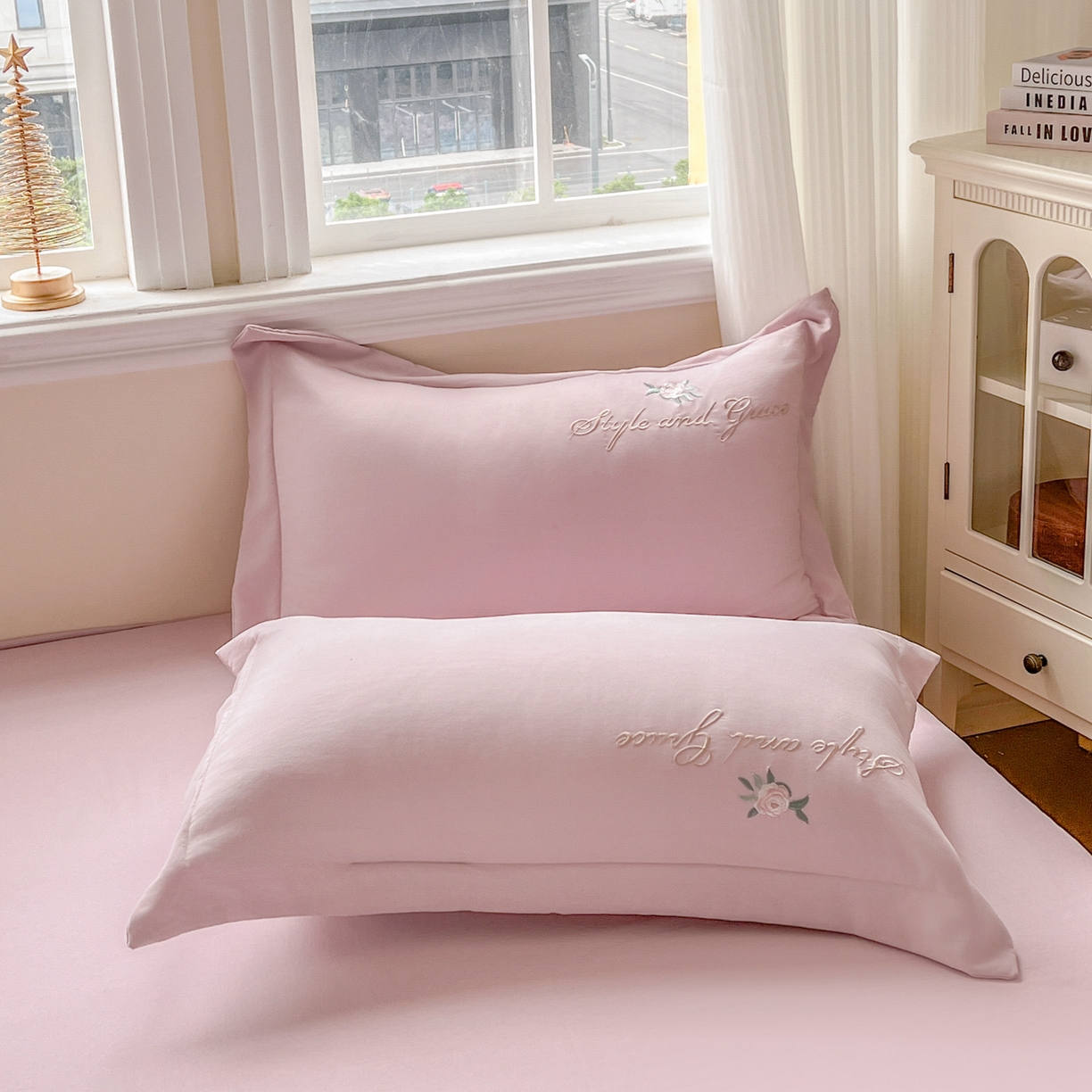 91家纺网 家纺一手货源 找家纺 文黛家居 2025新款高克重水洗棉绣花四件套-铃兰 铃兰-粉