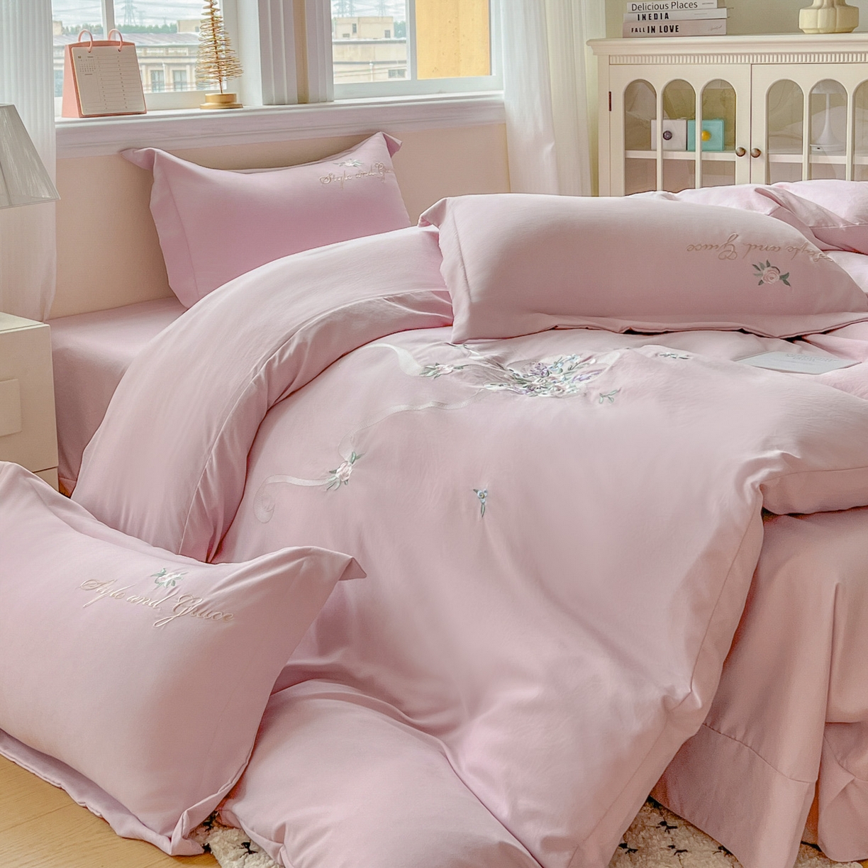 91家纺网 家纺一手货源 找家纺 文黛家居 2025新款高克重水洗棉绣花四件套-铃兰 铃兰-粉