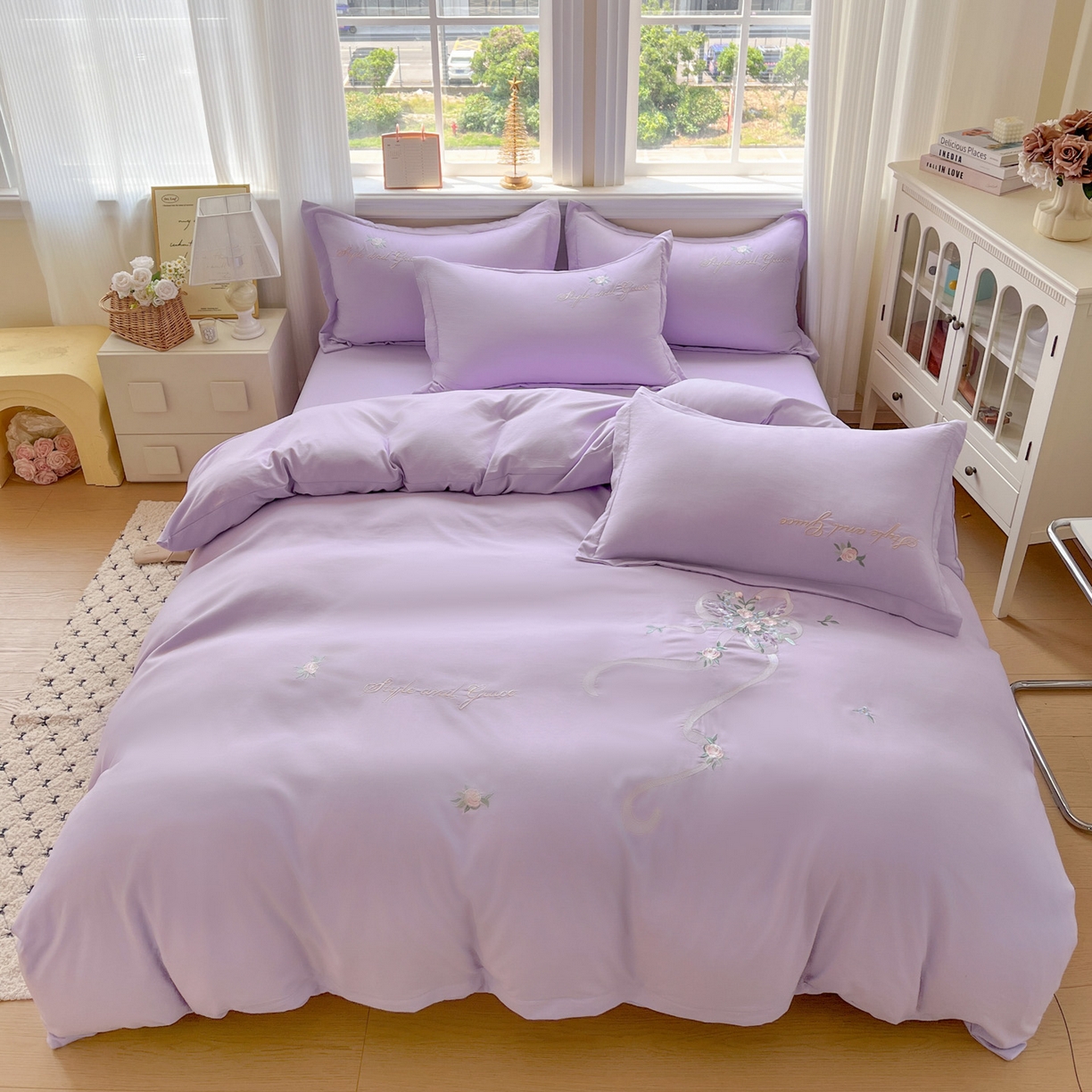 91家纺网 家纺一手货源 找家纺 文黛家居 2025新款高克重水洗棉绣花四件套-铃兰 铃兰-紫