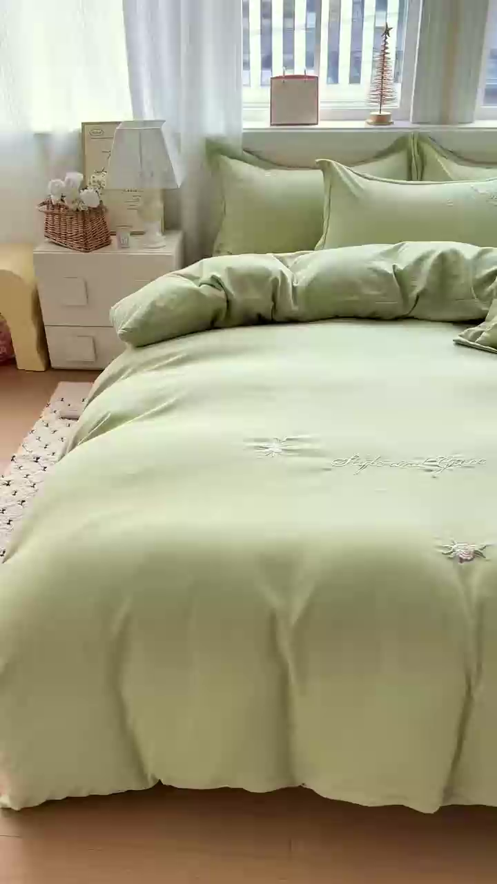 91家纺网 家纺一手货源 找家纺 （总）文黛家居 2025新款高克重水洗棉绣花四件套-铃兰