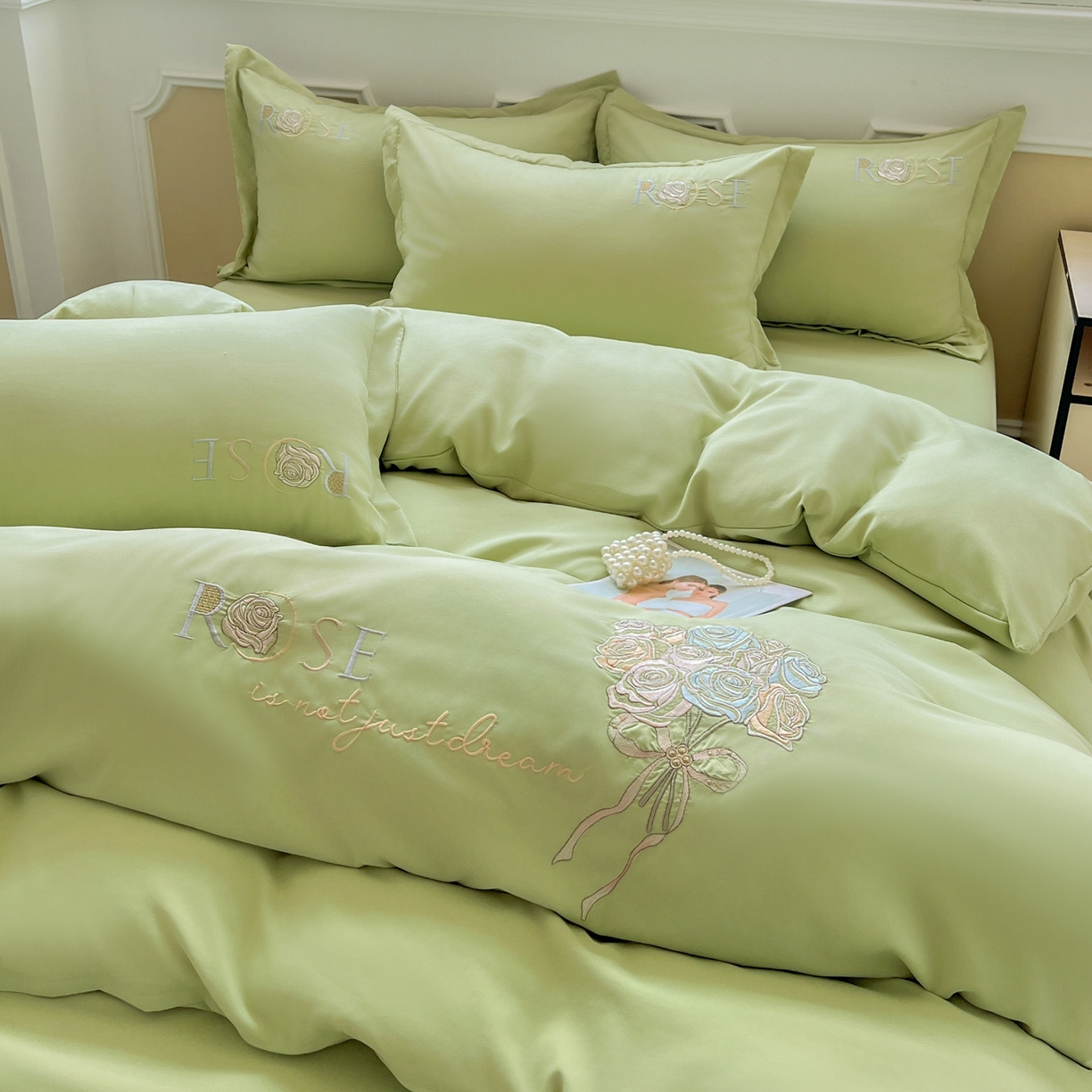 文黛家居 2025新款高克重水洗棉绣花四件套-玫瑰之恋 玫瑰之恋-果绿