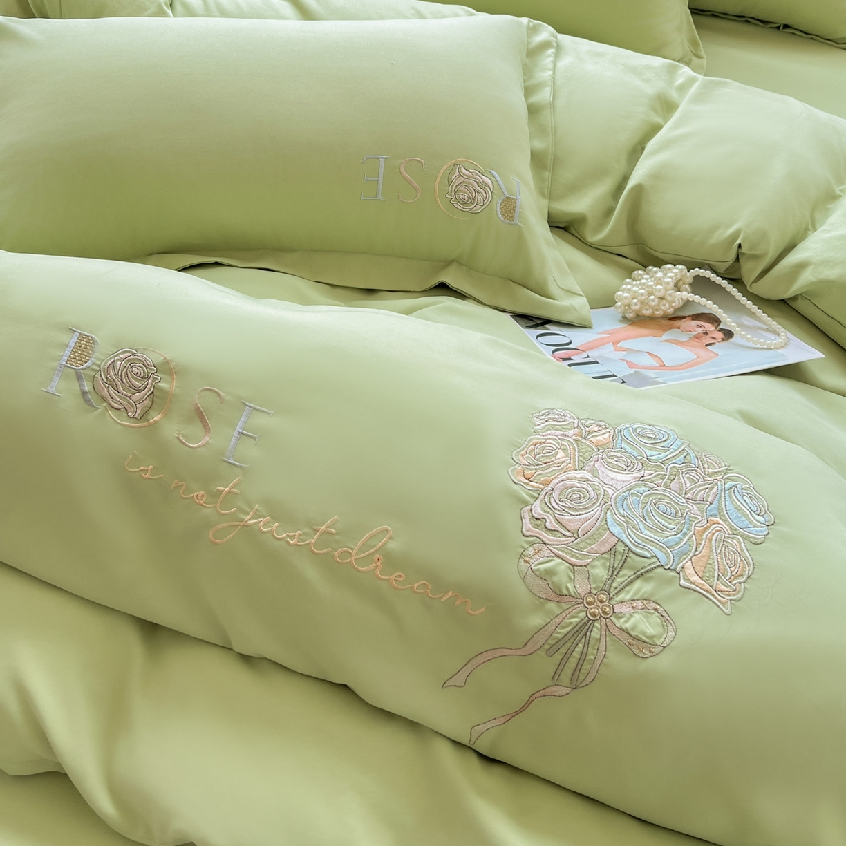 91家纺网 家纺一手货源 找家纺 文黛家居 2025新款高克重水洗棉绣花四件套-玫瑰之恋 玫瑰之恋-果绿