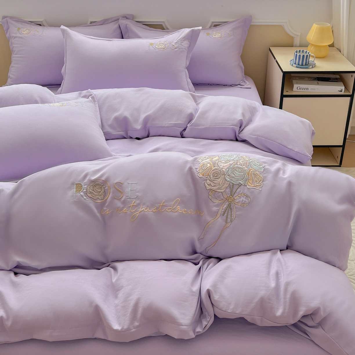 91家纺网 家纺一手货源 找家纺 文黛家居 2025新款高克重水洗棉绣花四件套-玫瑰之恋 玫瑰之恋-紫