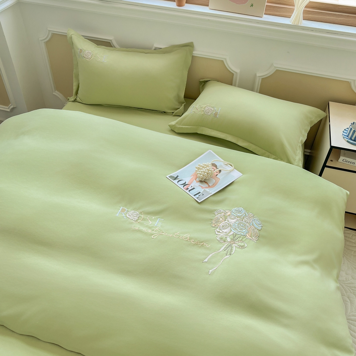 91家纺网 家纺一手货源 找家纺 文黛家居 2025新款高克重水洗棉绣花四件套-玫瑰之恋 玫瑰之恋-果绿