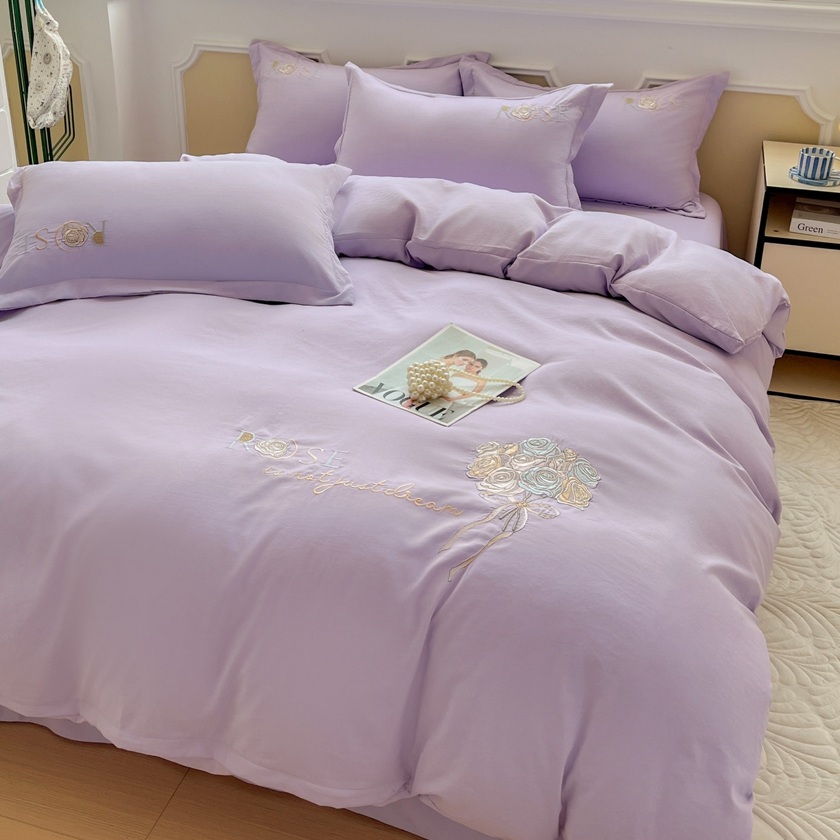 91家纺网 家纺一手货源 找家纺 文黛家居 2025新款高克重水洗棉绣花四件套-玫瑰之恋 玫瑰之恋-紫