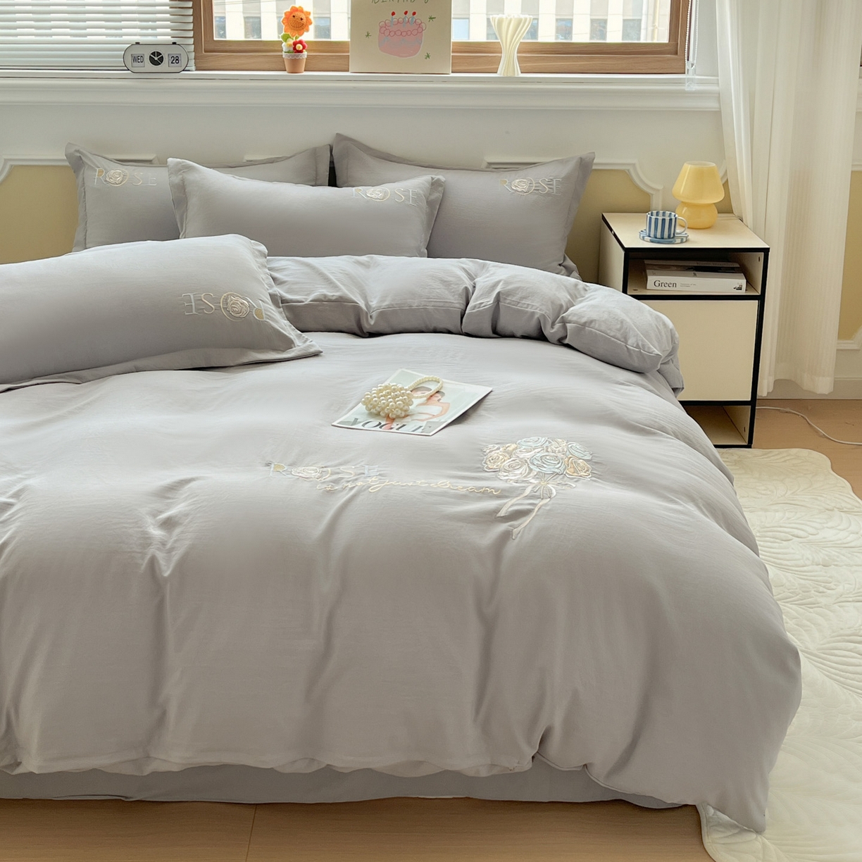 91家纺网 家纺一手货源 找家纺 文黛家居 2025新款高克重水洗棉绣花四件套-玫瑰之恋 玫瑰之恋-灰