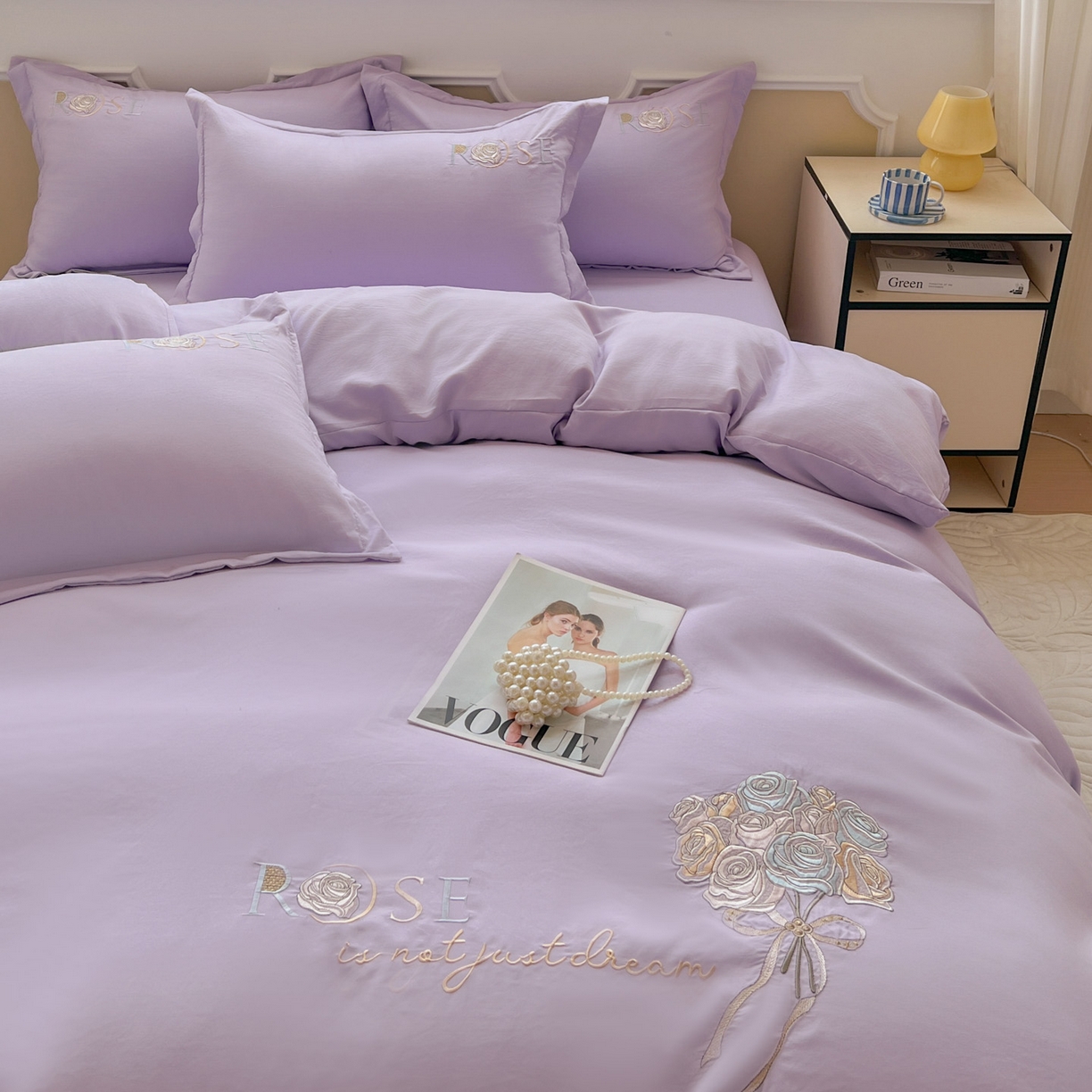 91家纺网 家纺一手货源 找家纺 文黛家居 2025新款高克重水洗棉绣花四件套-玫瑰之恋 玫瑰之恋-紫