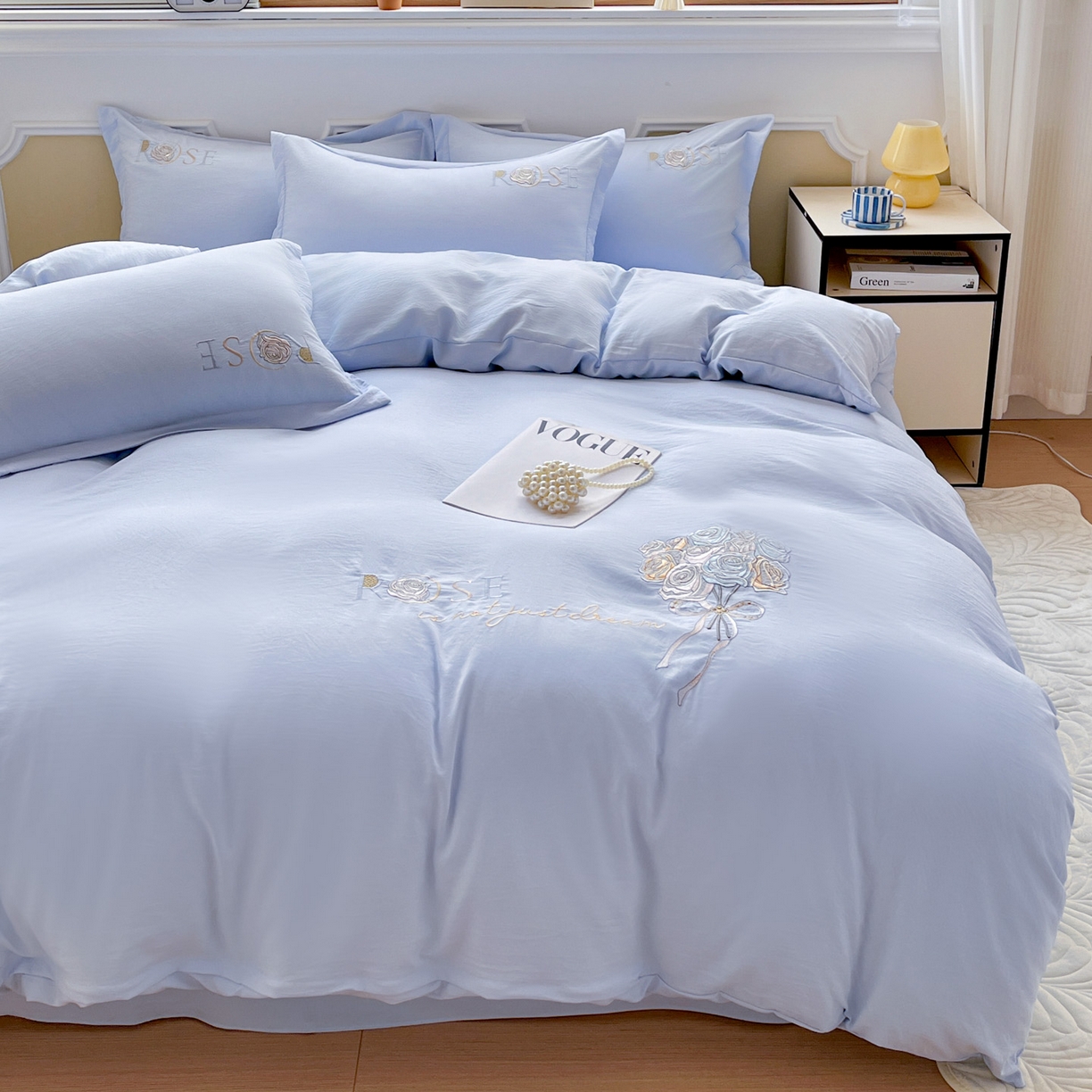 91家纺网 家纺一手货源 找家纺 文黛家居 2025新款高克重水洗棉绣花四件套-玫瑰之恋 玫瑰之恋-浅蓝
