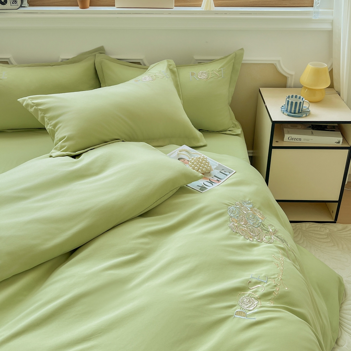 91家纺网 家纺一手货源 找家纺 文黛家居 2025新款高克重水洗棉绣花四件套-玫瑰之恋 玫瑰之恋-果绿