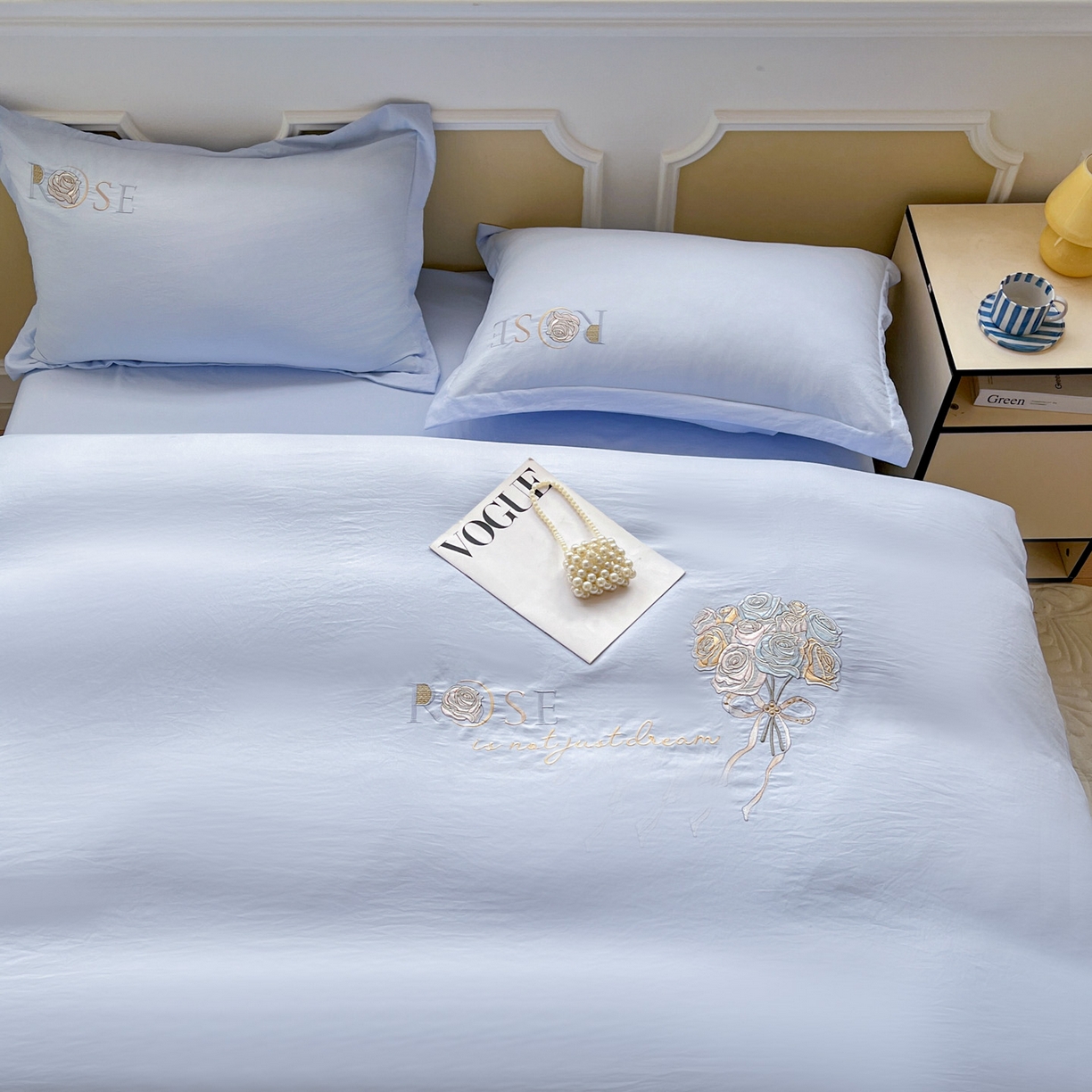 91家纺网 家纺一手货源 找家纺 文黛家居 2025新款高克重水洗棉绣花四件套-玫瑰之恋 玫瑰之恋-浅蓝