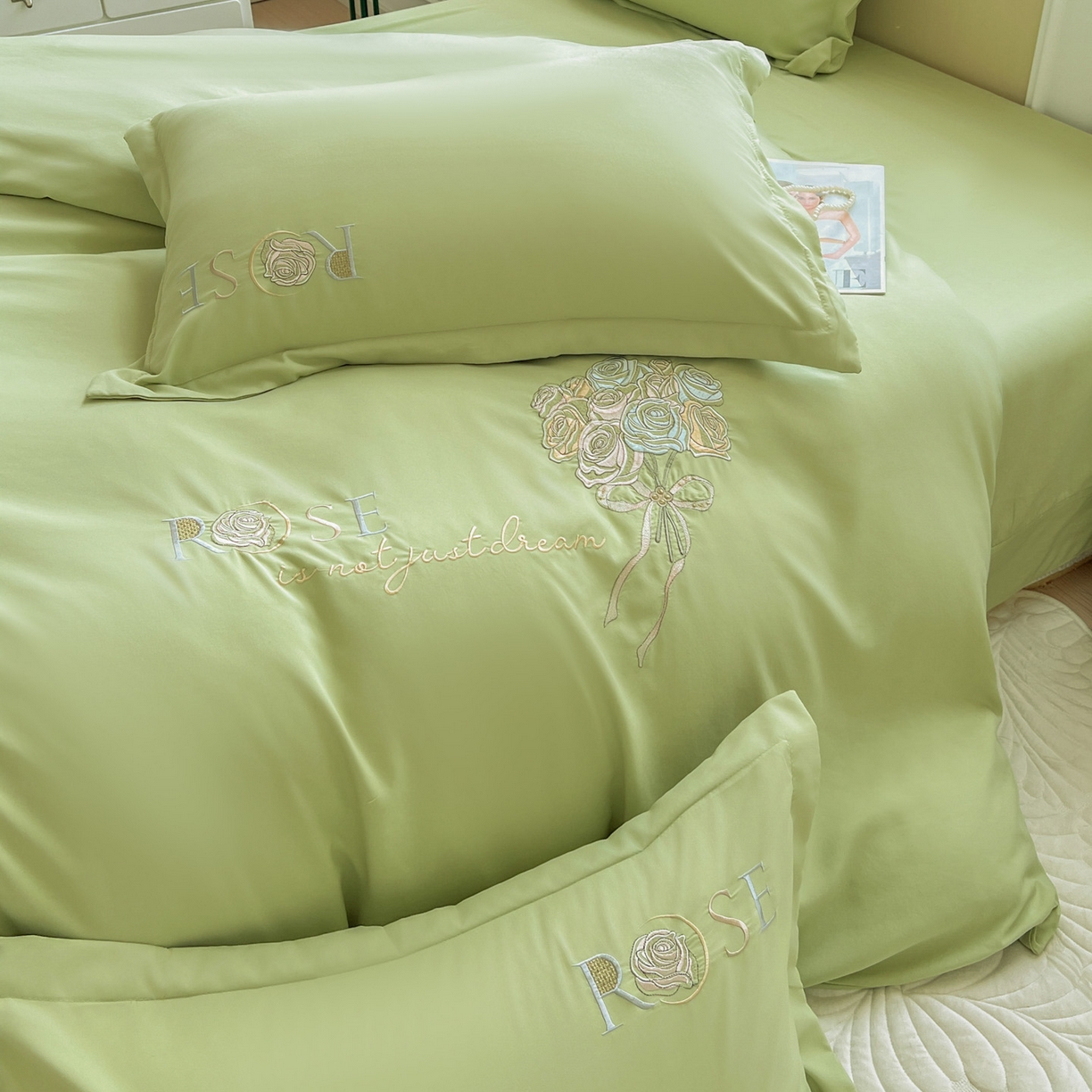 91家纺网 家纺一手货源 找家纺 文黛家居 2025新款高克重水洗棉绣花四件套-玫瑰之恋 玫瑰之恋-果绿