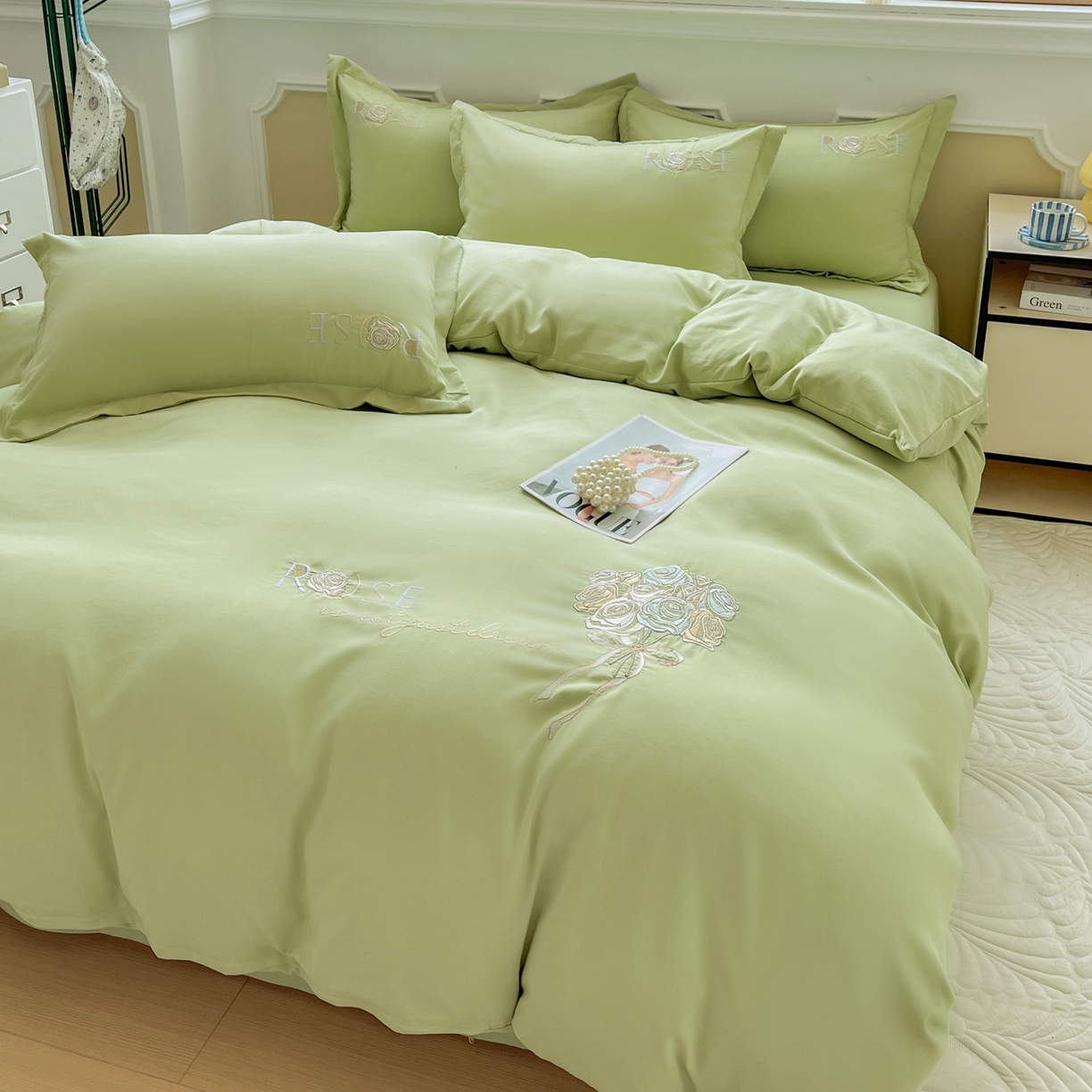 91家纺网 家纺一手货源 找家纺 文黛家居 2025新款高克重水洗棉绣花四件套-玫瑰之恋 玫瑰之恋-果绿