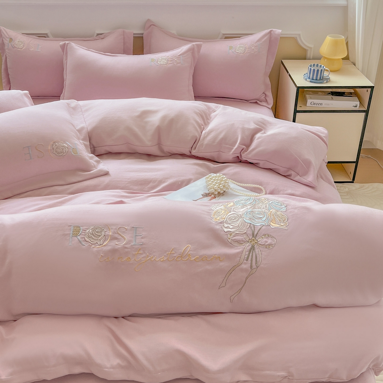 91家纺网 家纺一手货源 找家纺 文黛家居 2025新款高克重水洗棉绣花四件套-玫瑰之恋 玫瑰之恋-粉