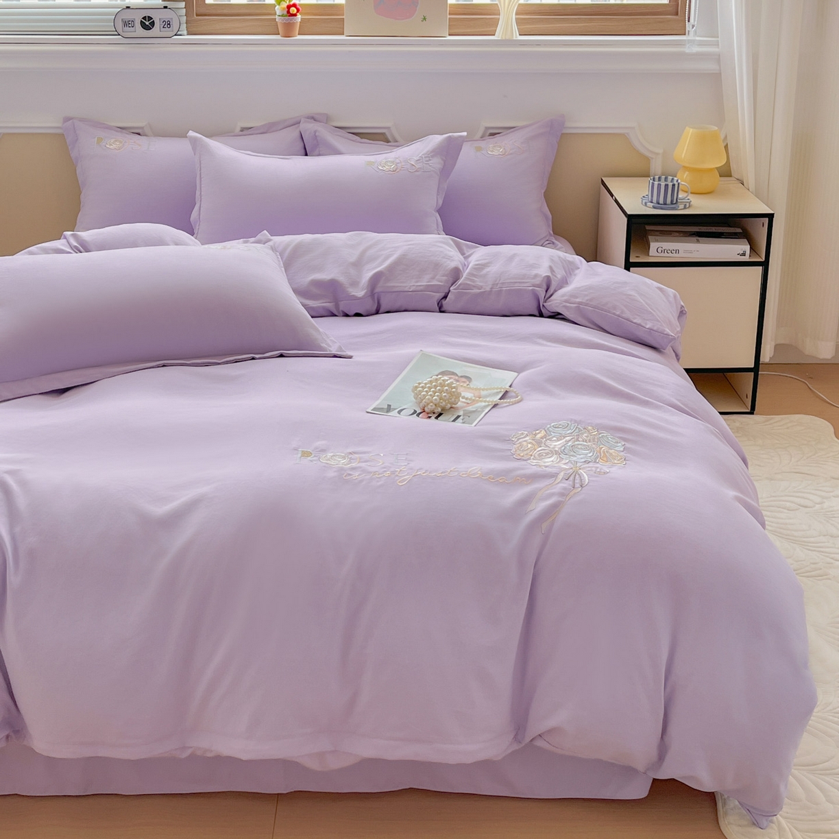 91家纺网 家纺一手货源 找家纺 文黛家居 2025新款高克重水洗棉绣花四件套-玫瑰之恋 玫瑰之恋-紫