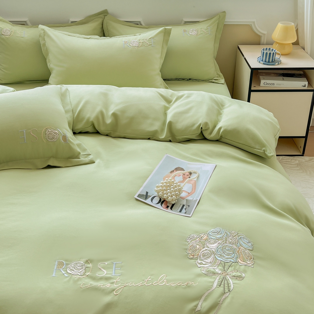 91家纺网 家纺一手货源 找家纺 文黛家居 2025新款高克重水洗棉绣花四件套-玫瑰之恋 玫瑰之恋-果绿