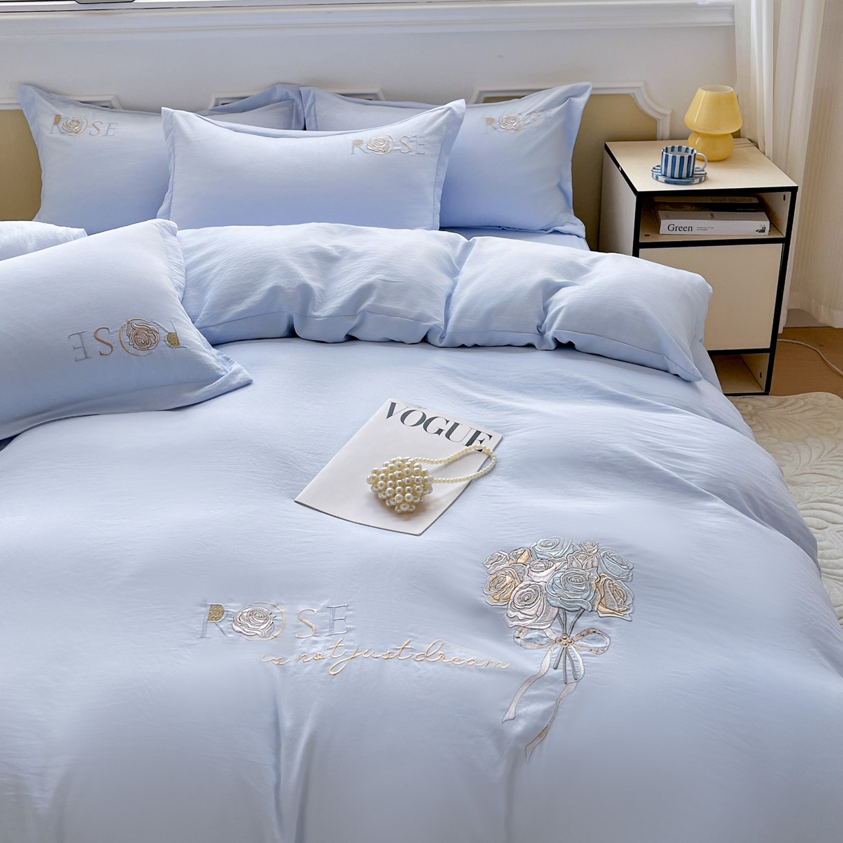 91家纺网 家纺一手货源 找家纺 文黛家居 2025新款高克重水洗棉绣花四件套-玫瑰之恋 玫瑰之恋-浅蓝