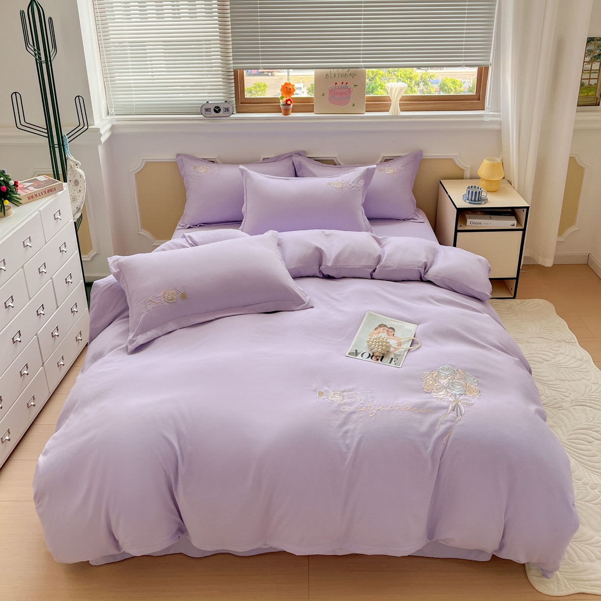 91家纺网 家纺一手货源 找家纺 文黛家居 2025新款高克重水洗棉绣花四件套-玫瑰之恋 玫瑰之恋-紫